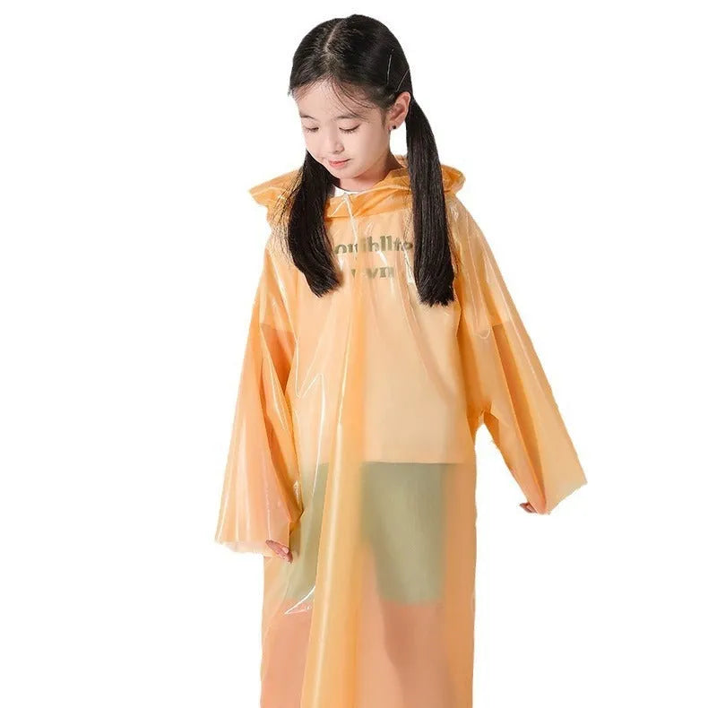 Disposable children's long rain poncho folded in small 13x9 cm bag with assorted colour options.