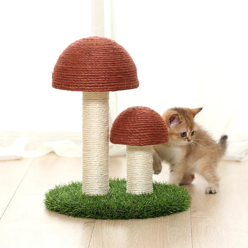 Natural linen mushroom cat scratch post in coffee colour with cotton rope and dangling ball