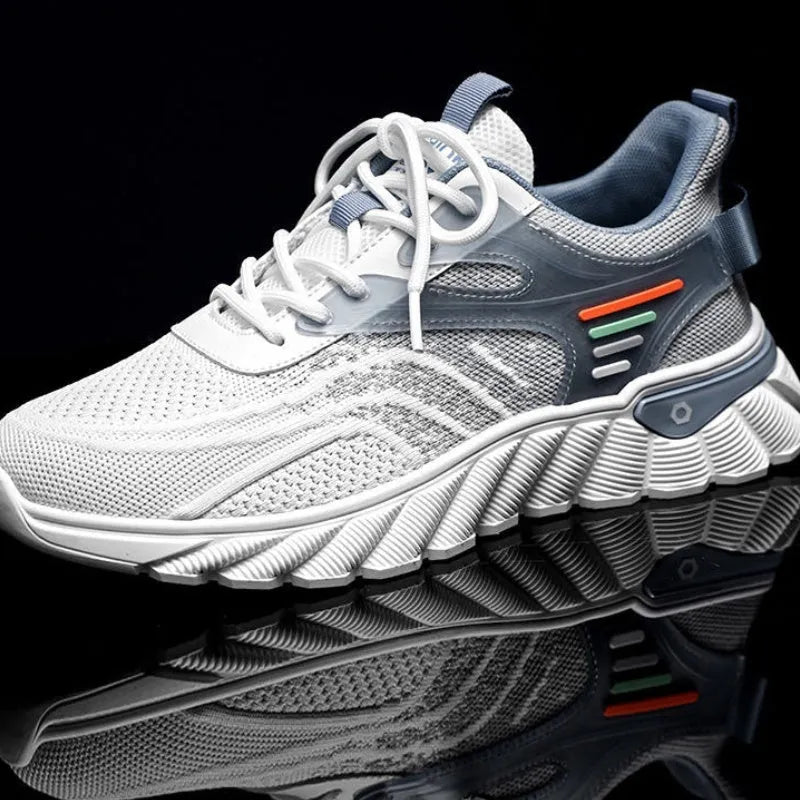 Men's white blue and black platform casual running shoes with mesh upper and cross shoulder straps.