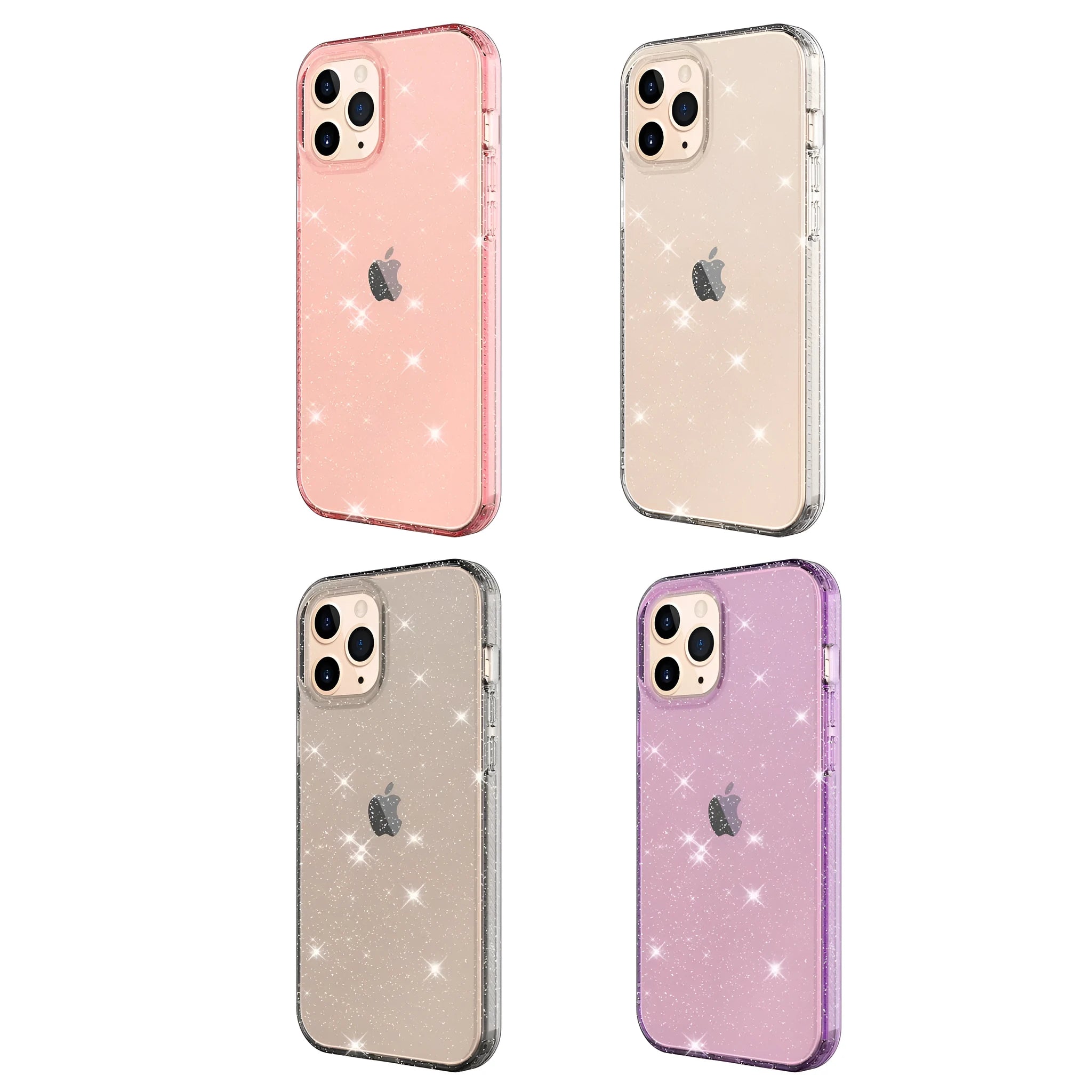Transparent glitter TPU phone case for iPhone 12 Pro Max in pink, black, purple, and clear colours