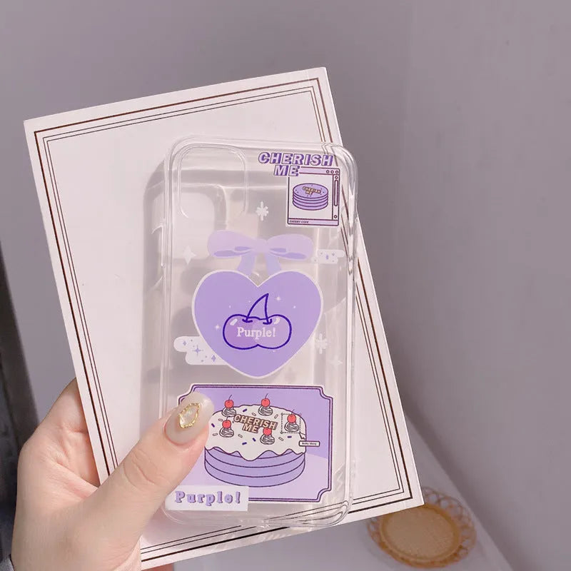 Transparent purple love cherry iPhone TPU back cover for 11 Pro Max and other listed models