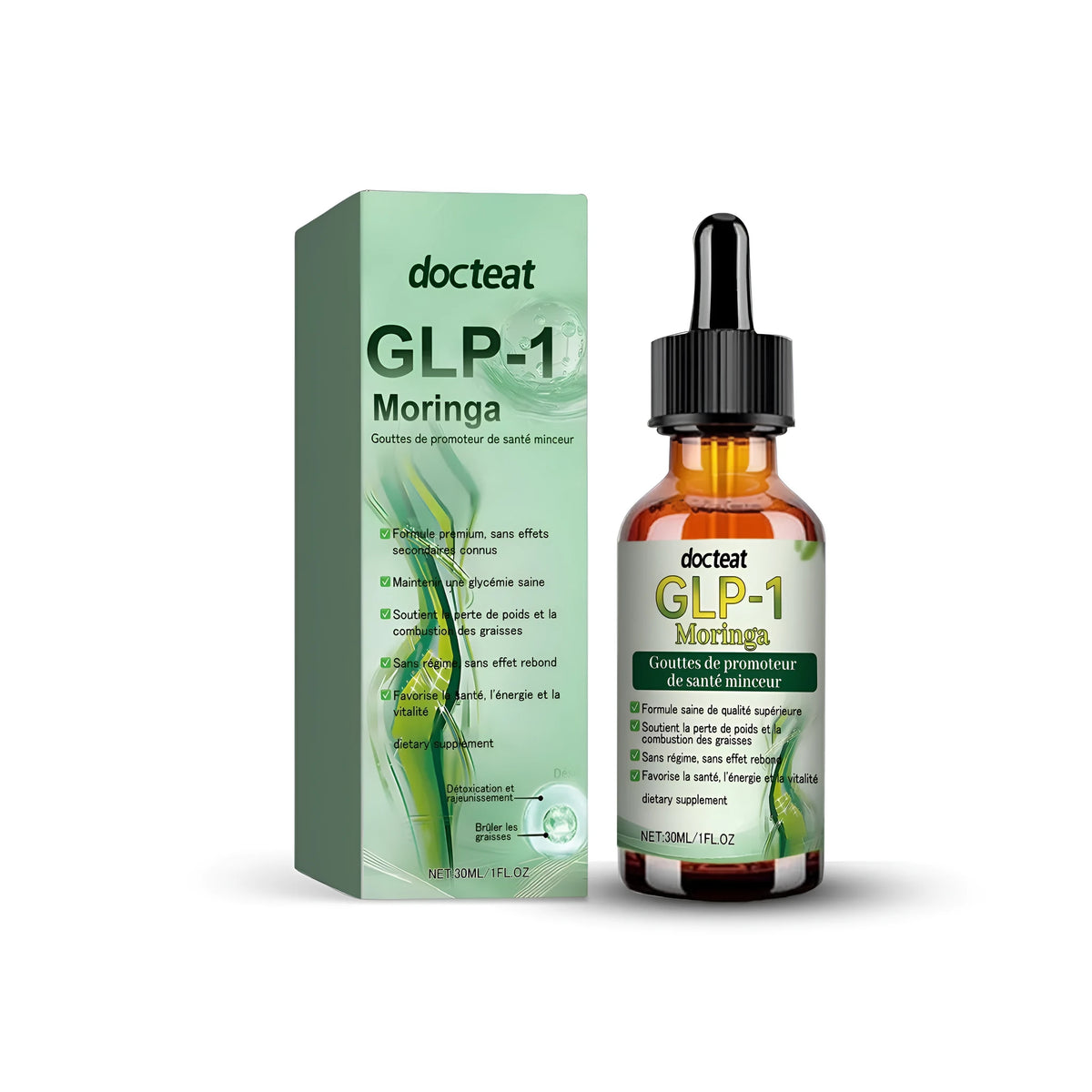 DOCTEAT GLP-1 dietary supplement drop bottle, 30ml, with moringa leaf extract and peppermint oil