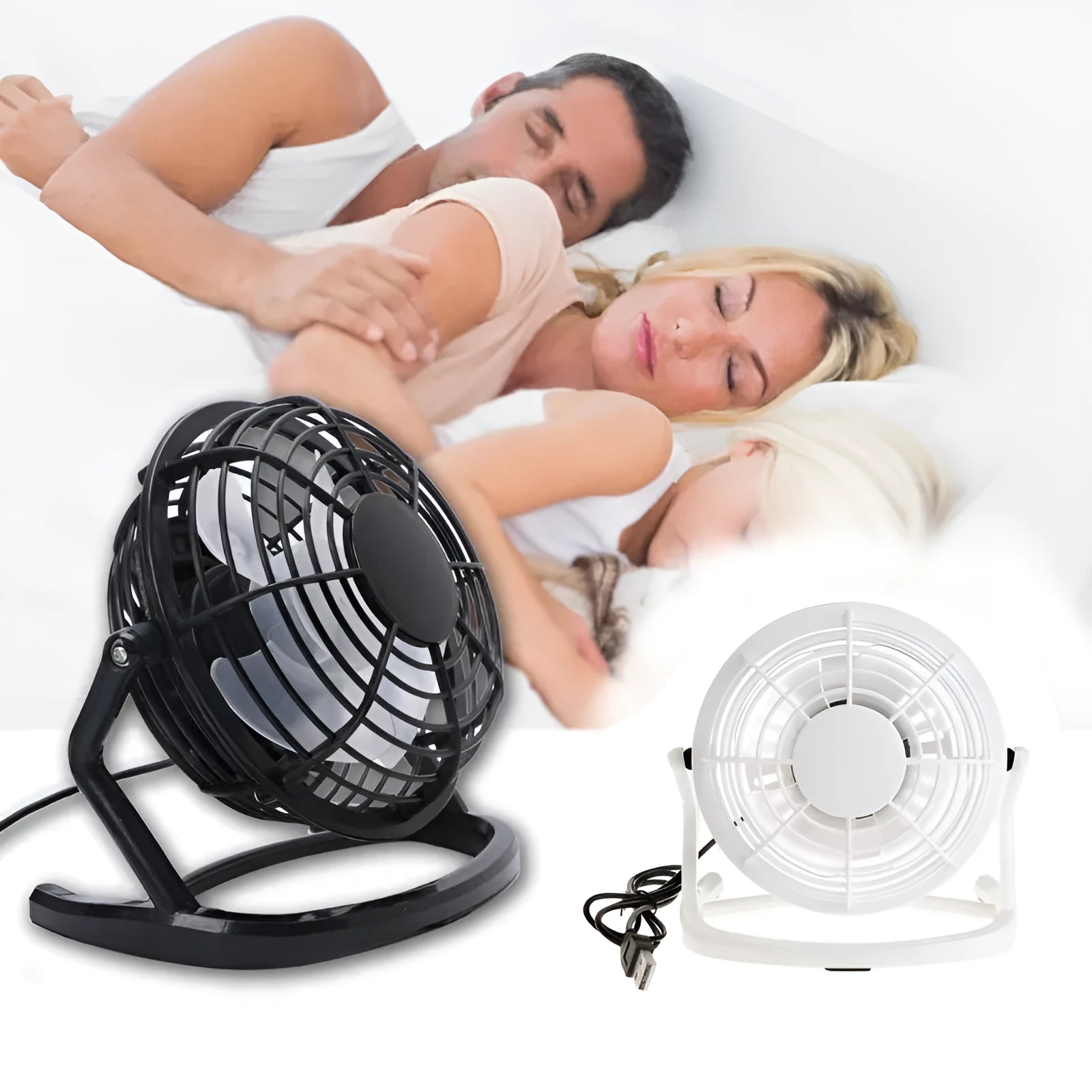 Small black adjustable USB desk fan with key switch on a wooden table.