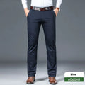 Men's thin straight-leg trousers in black on a hanger, showing the business casual cut and non-iron fabric.