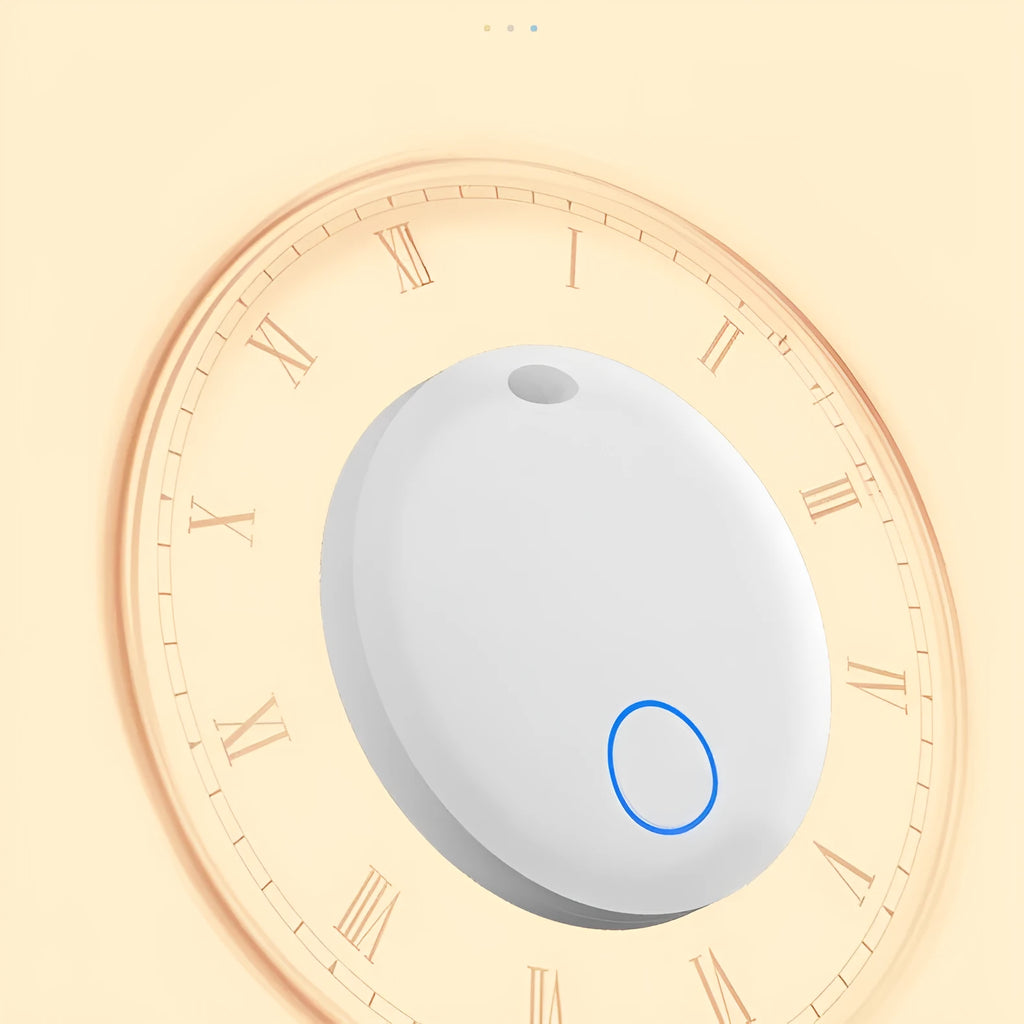GPS pet tracker device attached to dog collar with mobile app showing location tracking