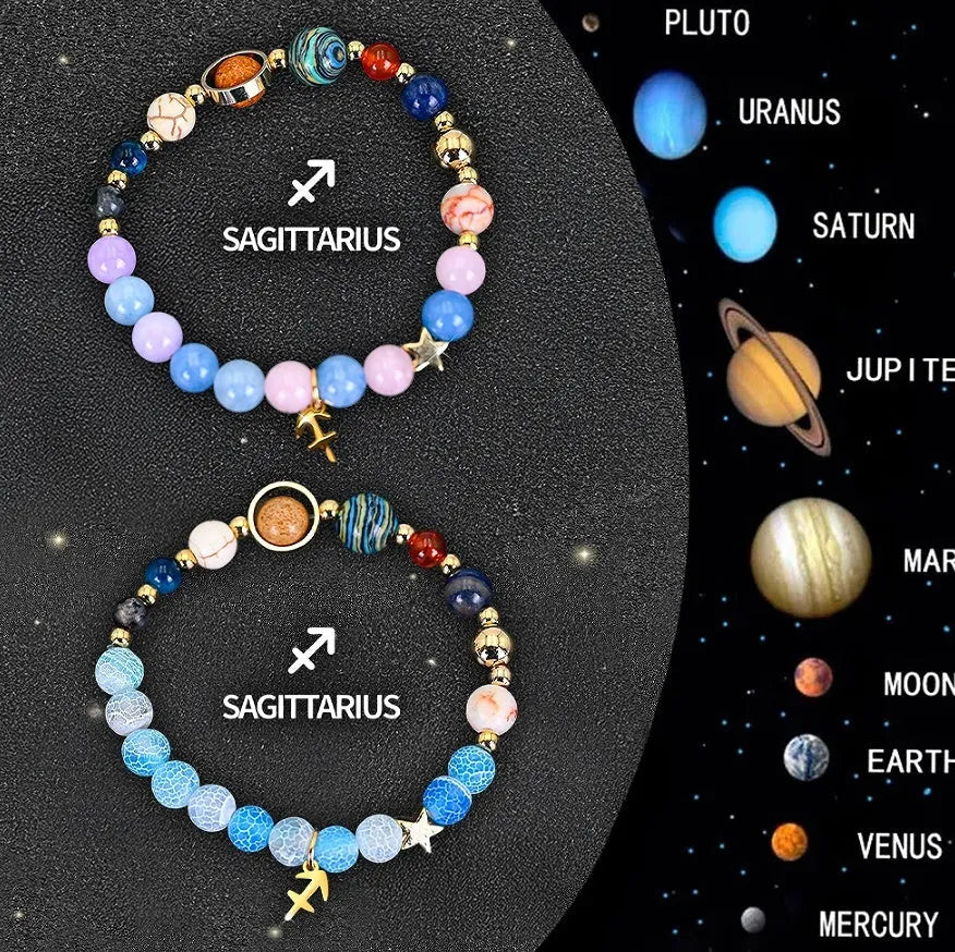 Set of twelve natural stone beaded bracelets, each with a different zodiac sign charm on an adjustable strap.