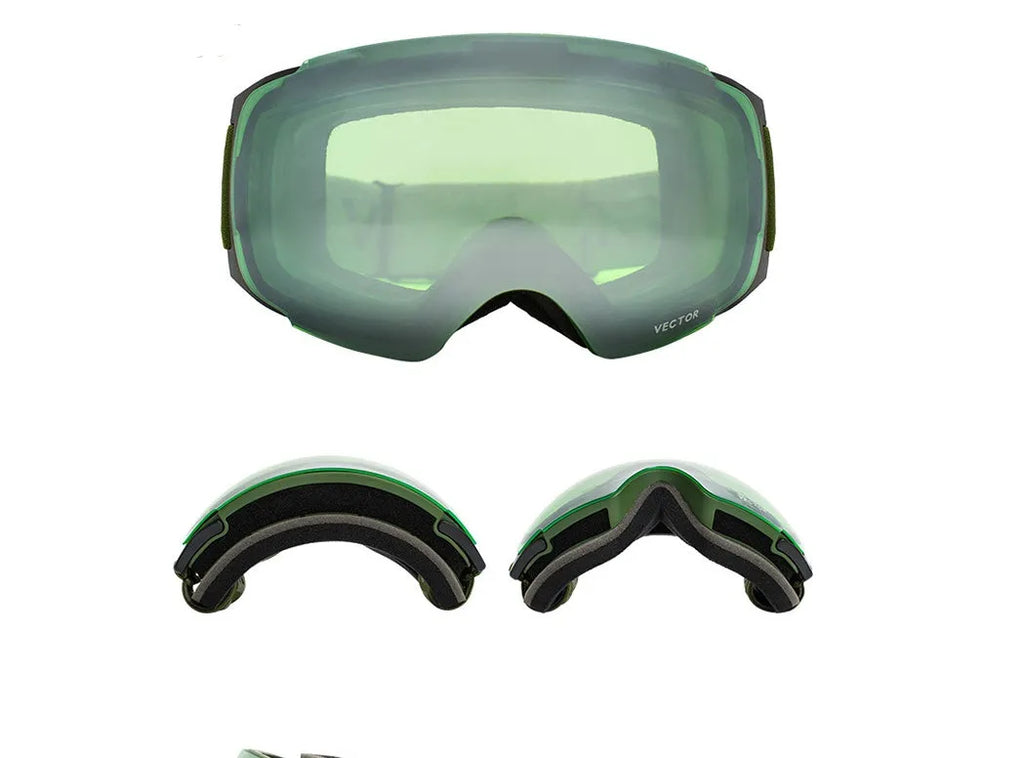 Compass ski glasses with double-layer anti-fog spherical lens and magnetic lens change system on blue background
