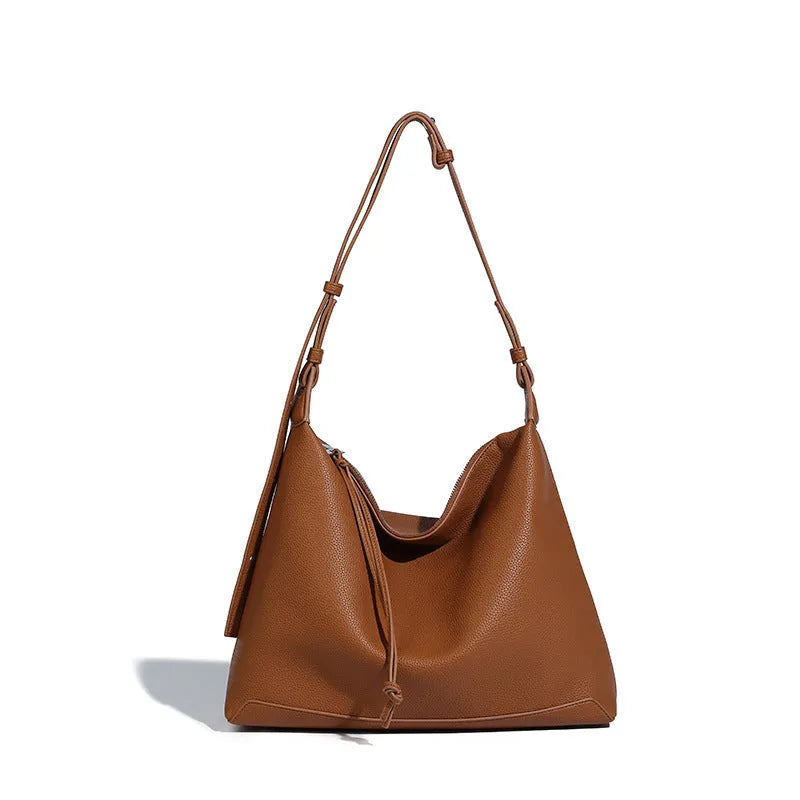 Large capacity soft PU leather messenger bag in caramel and elephant grey colours showing 36cm dimensions