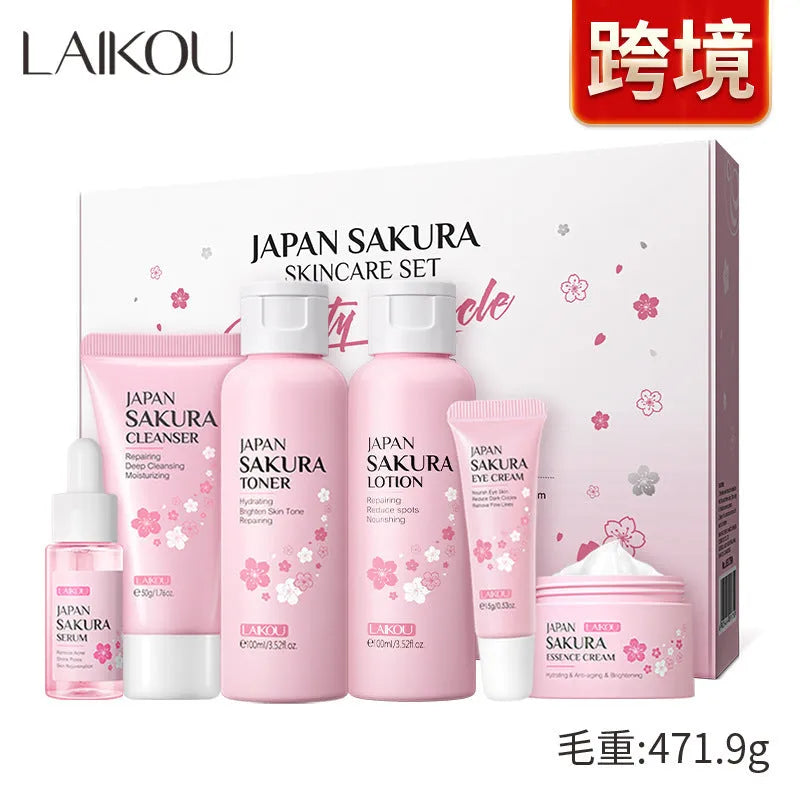 Cherry blossom facial care 6-piece set showing cleanser, toner, moisturiser, serum, eye cream and essence cream