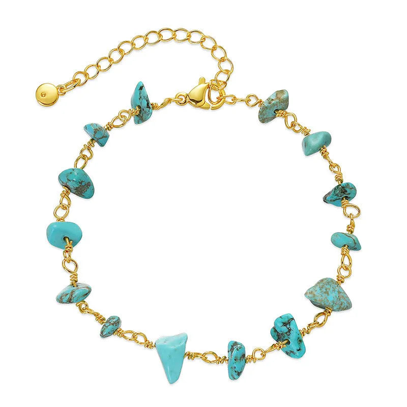 Geometric women's bracelet with irregular natural gravel turquoise stones on 18K copper band