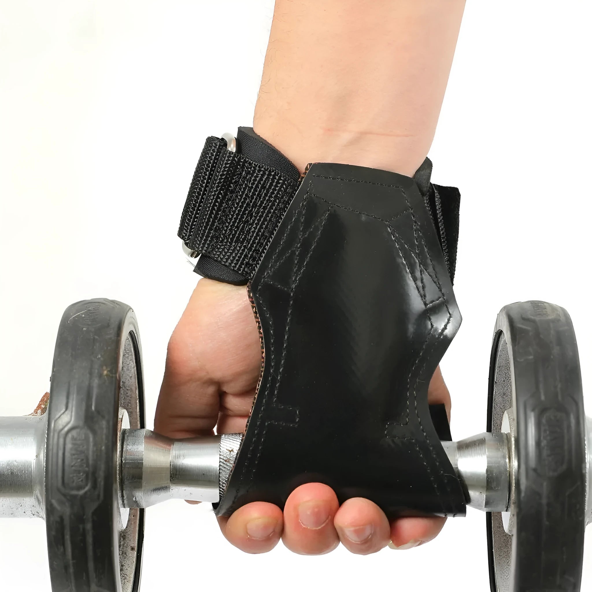 Black rubber non-slip weightlifting palm protection strap for barbell exercises and rock climbing.