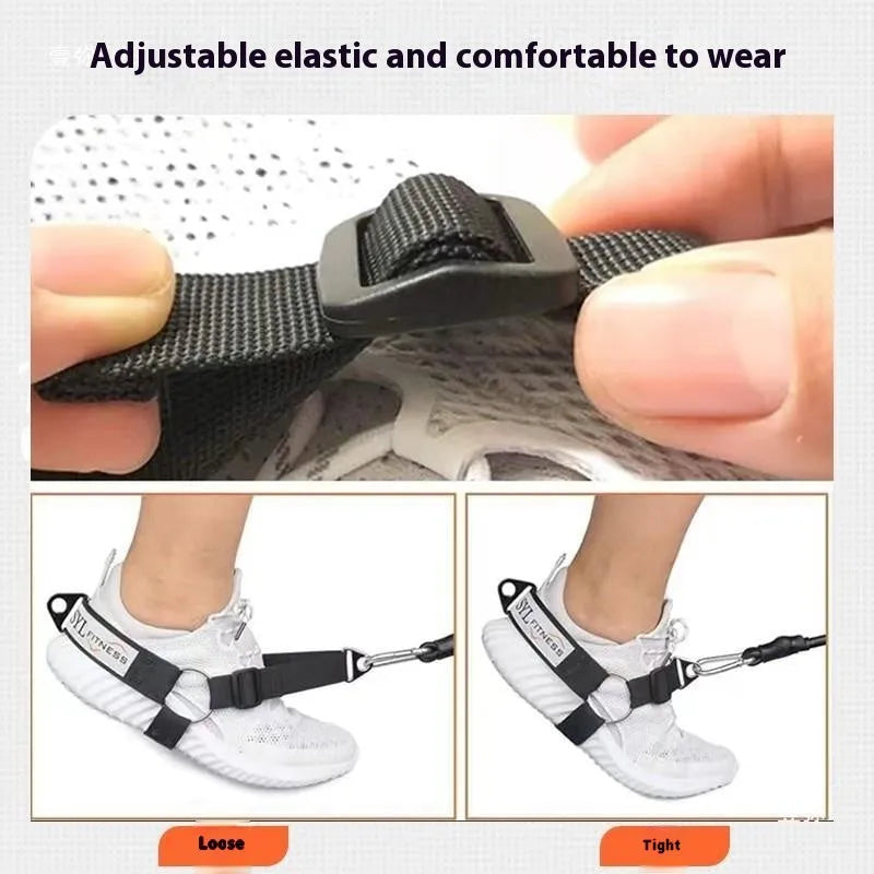 Black ankle strap with metal buckle for leg attachment in rope access or training