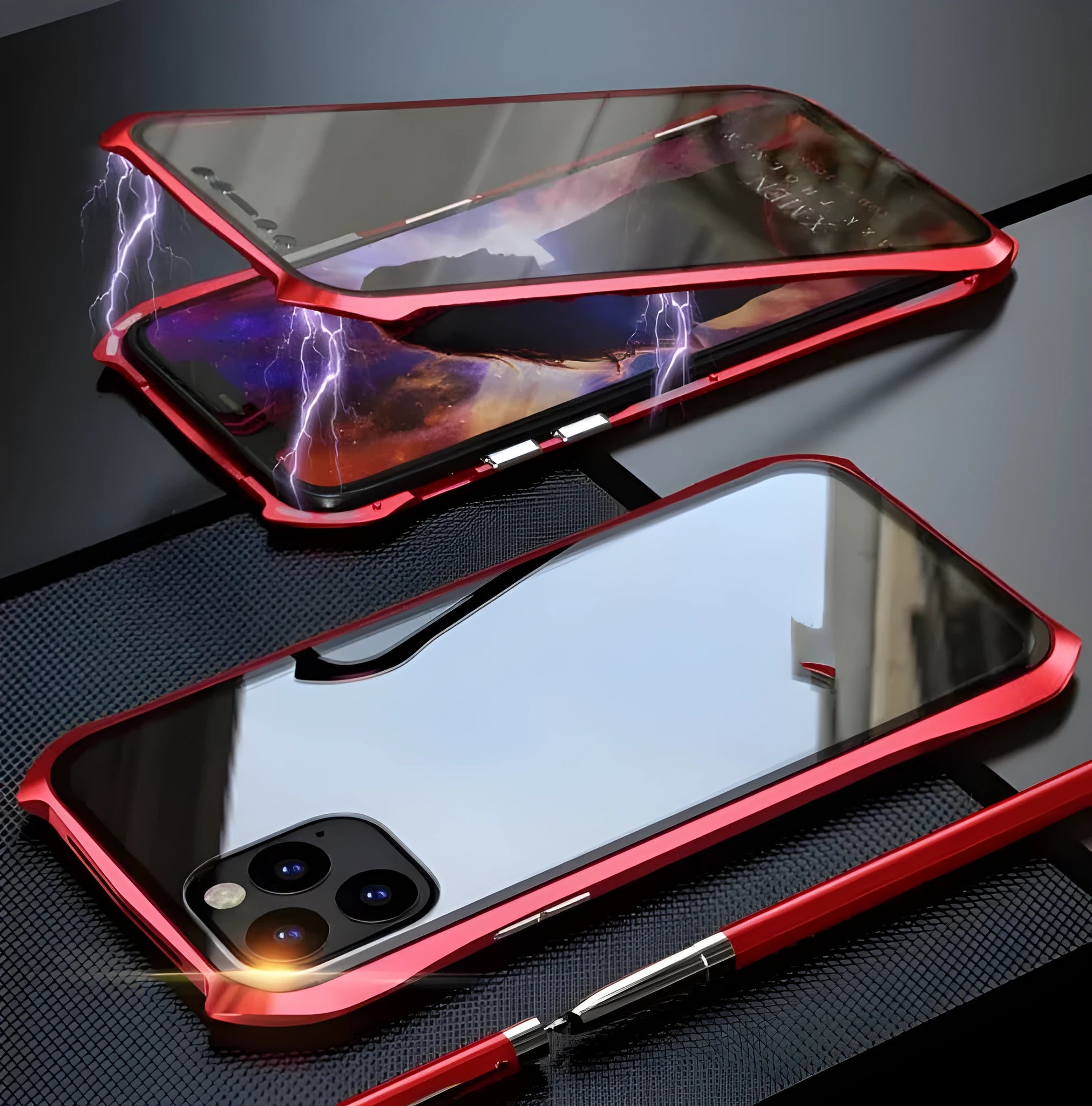Metal and glass magnetic protective phone cover for iPhone 11 series in black, red, blue, and silver colours.