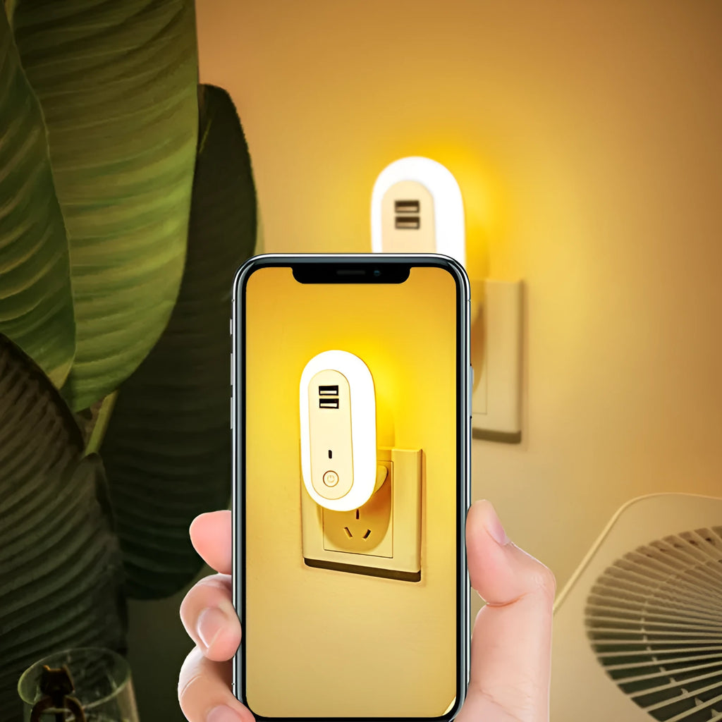 Oval small night light with dual USB charging ports and remote control, 1W LED wall plug-in lamp