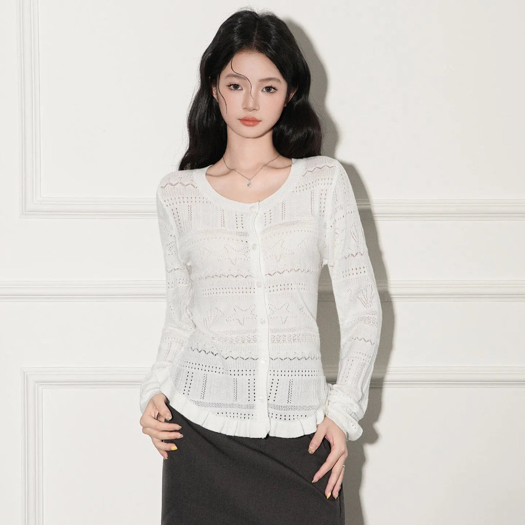 White hollow-out knit cardigan pullover slim fit long sleeve Japanese Korean casual style