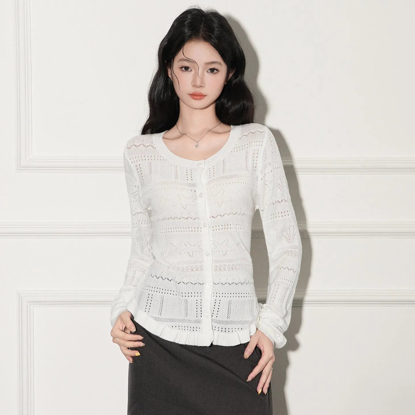 White hollow-out knit cardigan pullover slim fit long sleeve Japanese Korean casual style