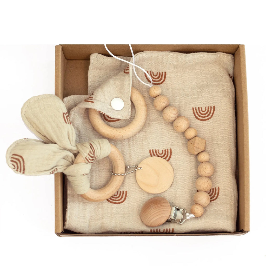 Baby teething toy set with bamboo blanket, wooden teether, bell, tyre brush and milestone for infant development