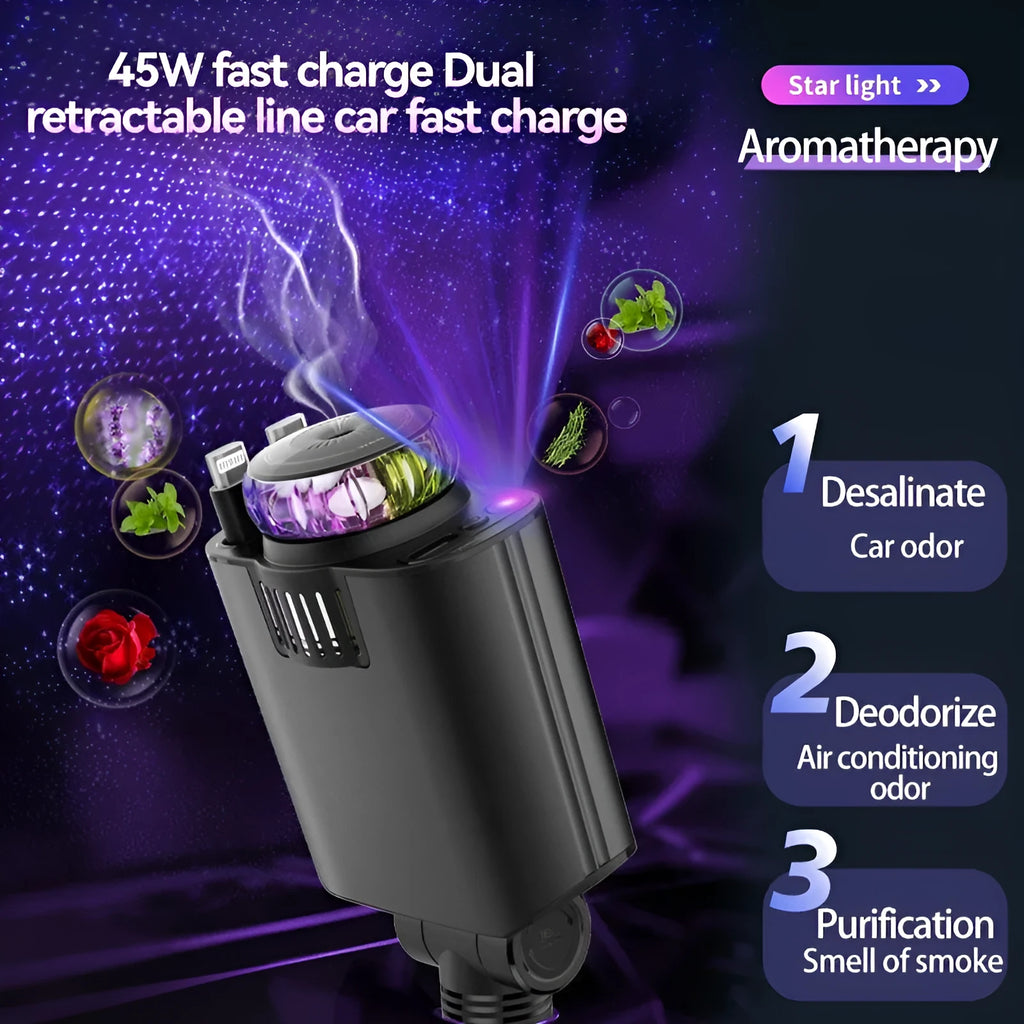Black-purple multifunctional car phone charger with purple lamp, cigarette lighter plug, one-to-three stretch design, and fast charging.