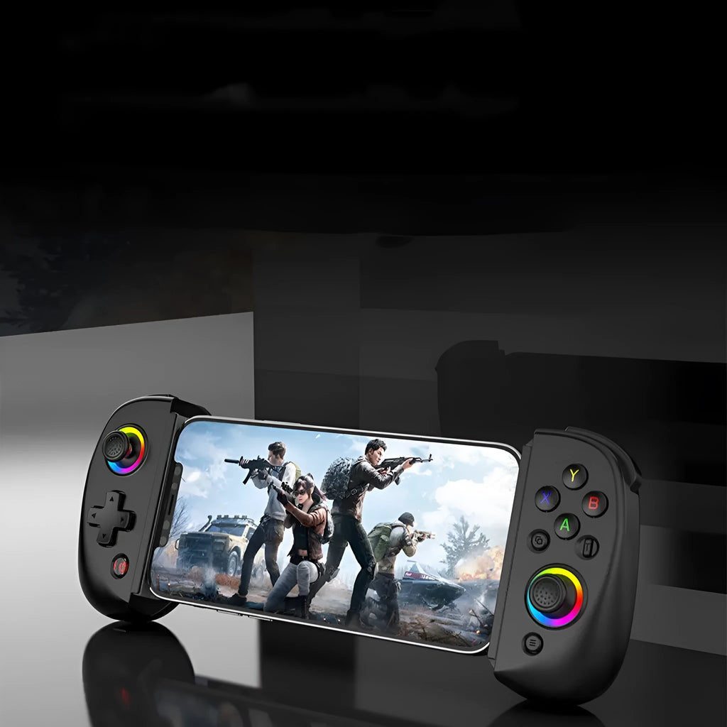 D8 Bluetooth gamepad controller with extended stretch clip holding a tablet, shown in multiple colour options.