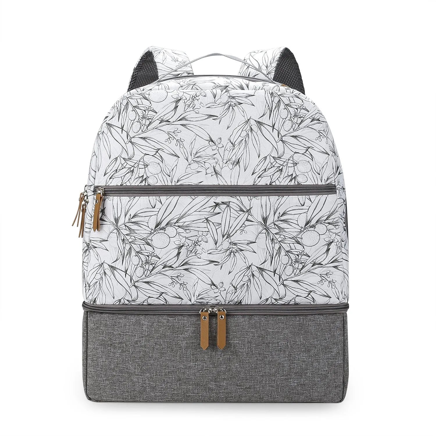 Grey mother and child travel mummy backpack with insulated baby dining compartment and curved shoulder straps