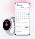 Black Bluetooth smartwatch with circular AMOLED display showing fitness stats