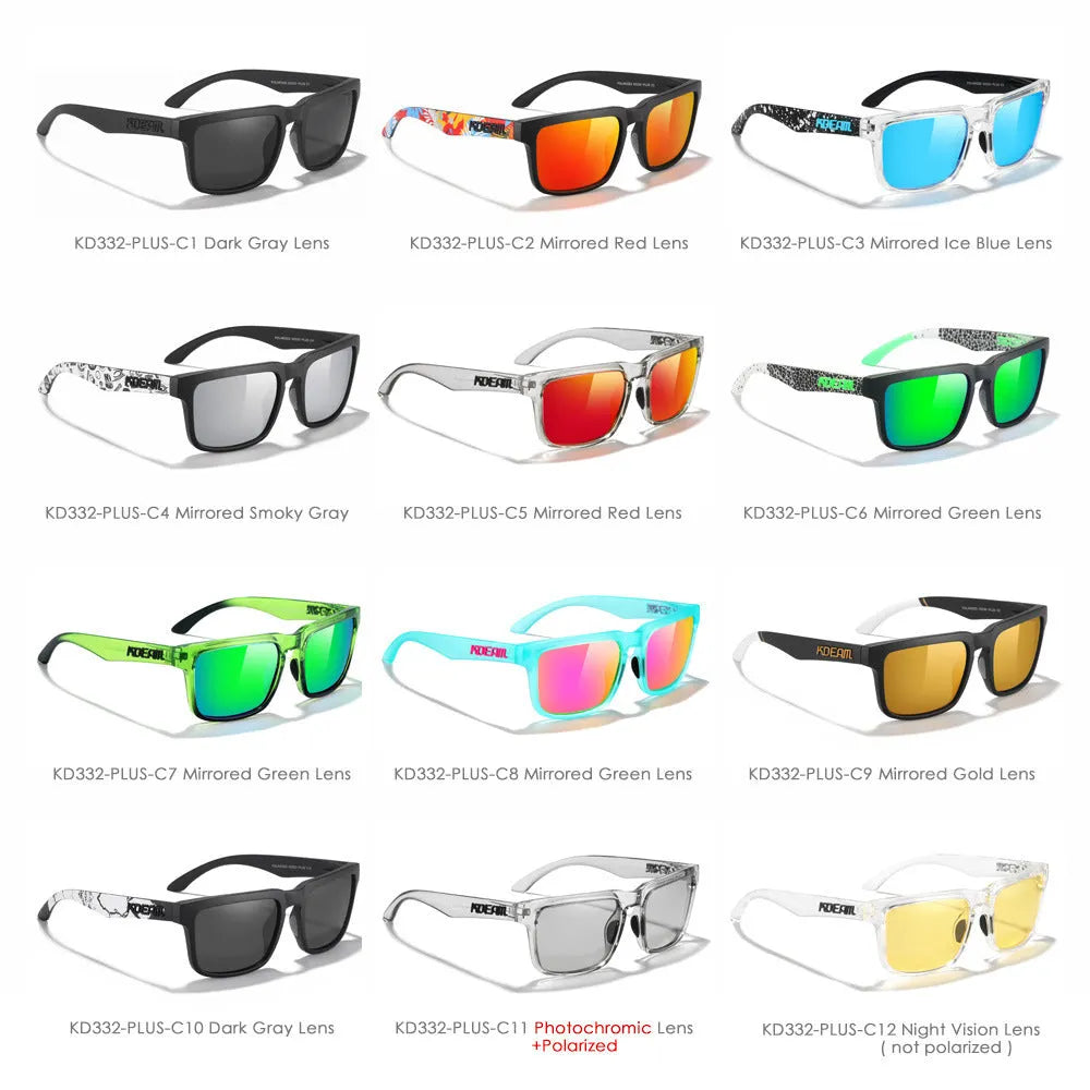 Square polarised sunglasses with TAC lenses in multiple colour options for outdoor protection