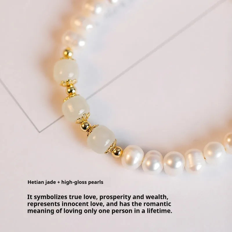 Korean style freshwater pearl bracelet with diamond shapes in deep or light Hetian jade colour.