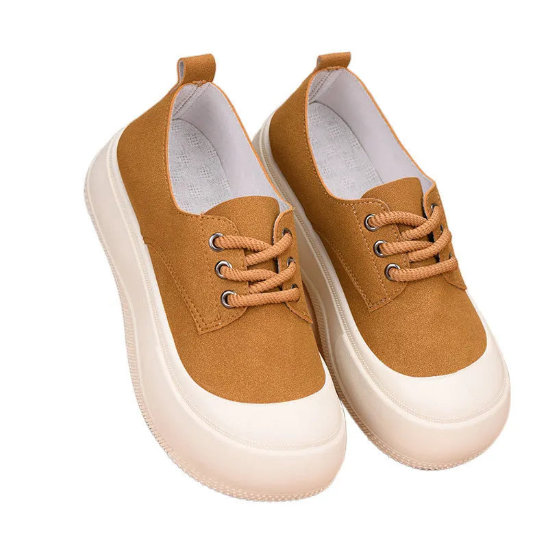 Women's camel suede platform loafers with round toe and front lace-up closure on flat rubber sole