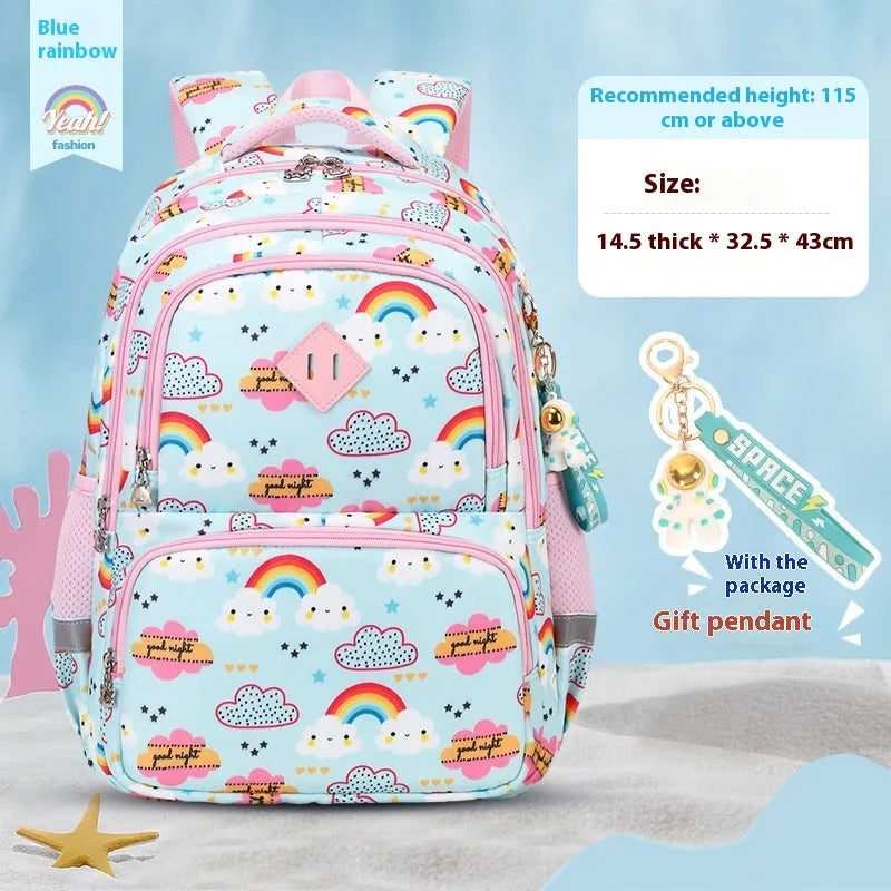 Blue children's dinosaur print school backpack with curved straps on a white background.