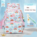 Blue children's dinosaur print school backpack with curved straps on a white background.