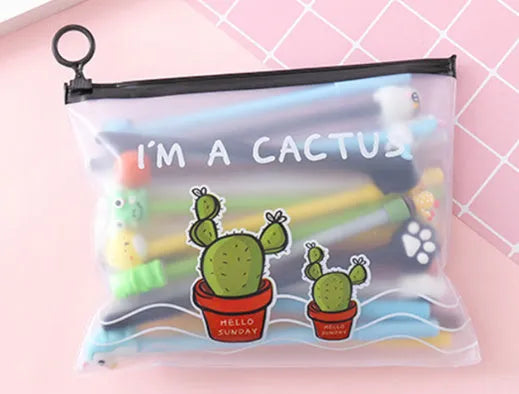 Marvel cartoon cactus pen set showing 20 black 0.5mm pens in plastic storage case