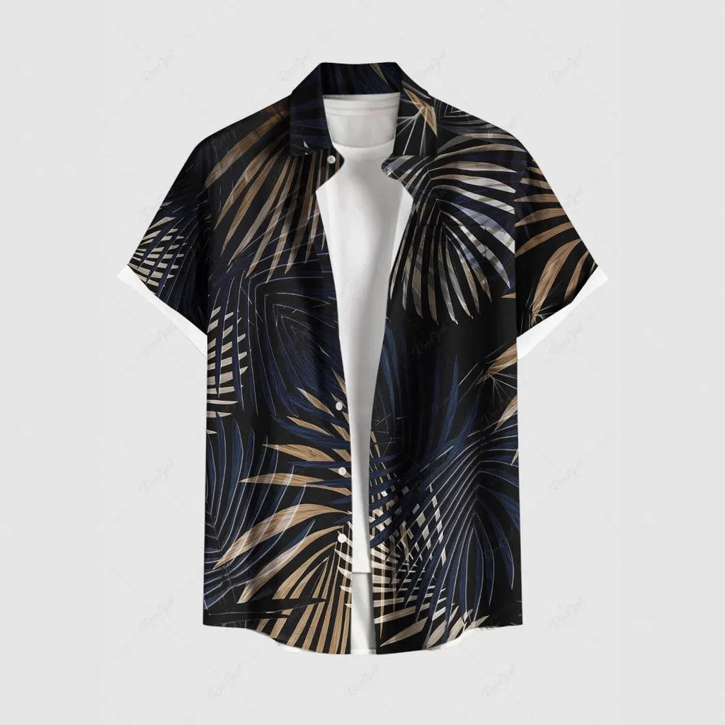Men's striped stand collar shirt with short sleeves in loose fit cardigan style
