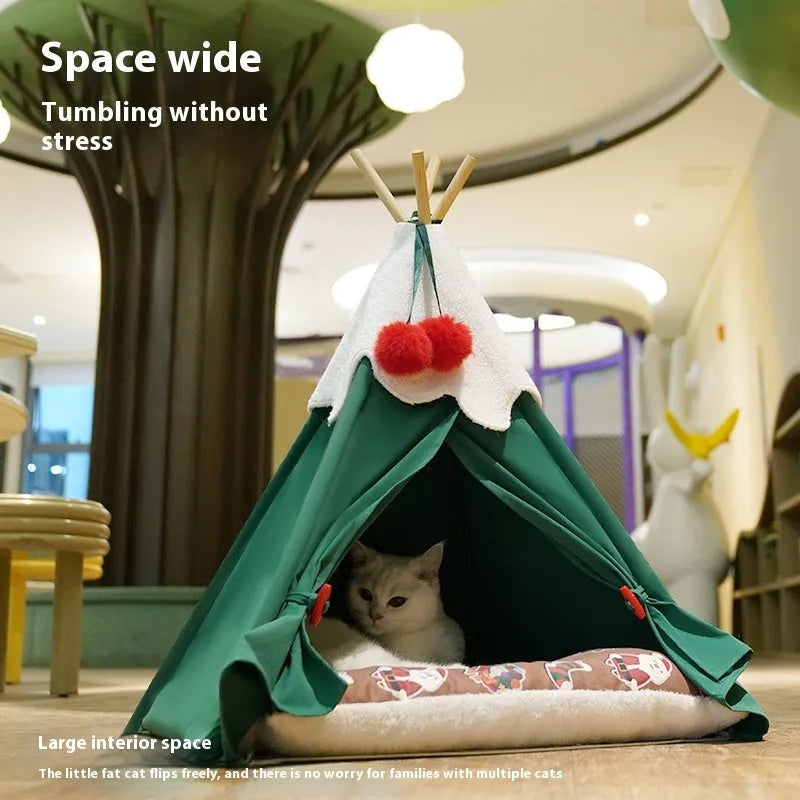 Brown and white semi-closed cloth cat house bed for winter, shown in two available sizes.