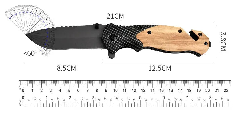 Folding camping knife with sandalwood handle, open 9cm stainless steel blade showing Laser Damascus pattern