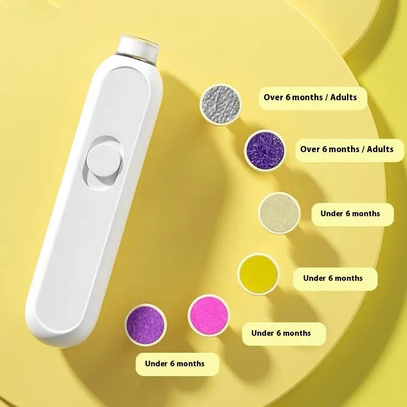 Lightweight maternal and child nail trimmer with orange unit, grinding heads, and storage box on white background