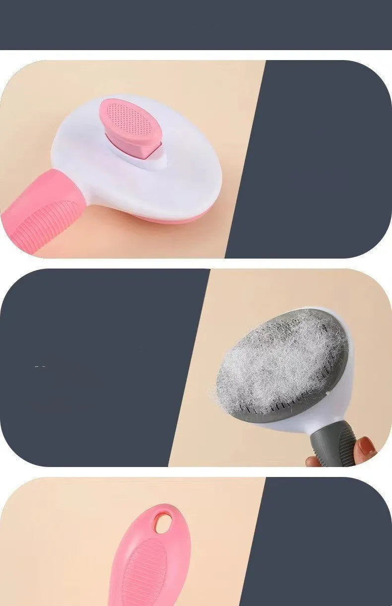 Pet hair removal comb with stainless steel teeth and light blue ABS handle on white background
