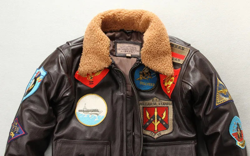 Men's embroidered cowhide leather motorcycle jacket, short zip front, brown or black, sizes S to XXXL