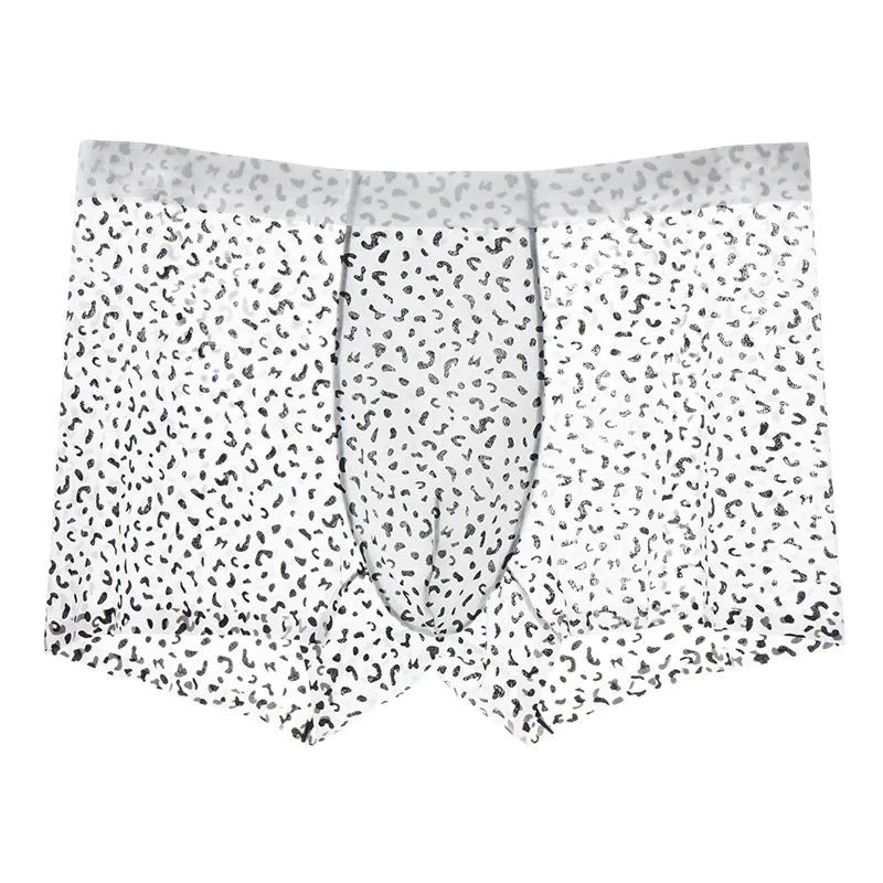 Men's ice silk boxer shorts in camouflage leopard print showing mid waist design
