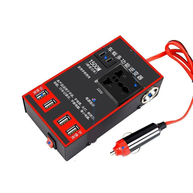 Black automotive power converter converting 12v 24v car power to 220v AC with USB charging ports