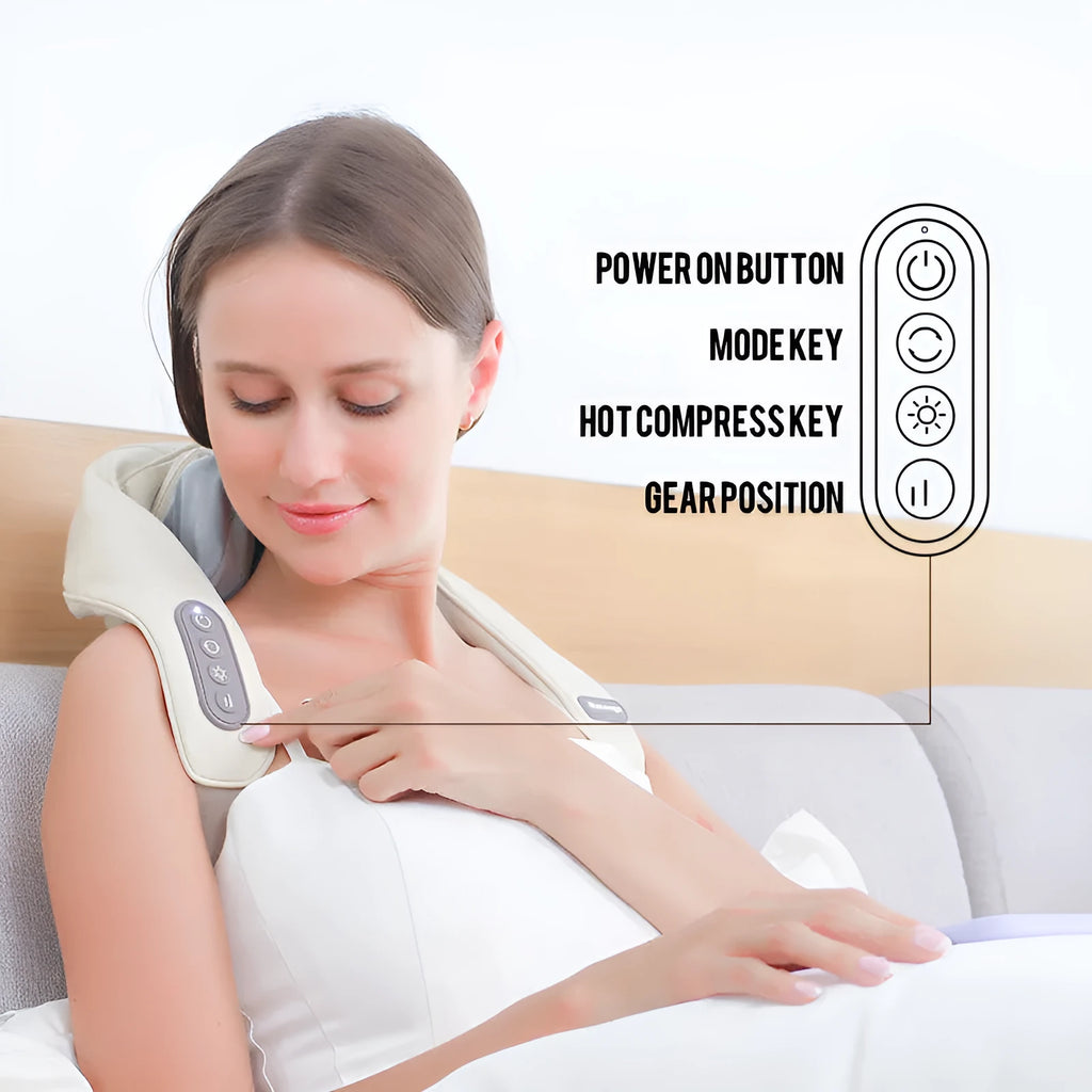 Beige and grey electric clip massage shawl neck massager with PU leather cover, 3 speeds and 10-minute timer