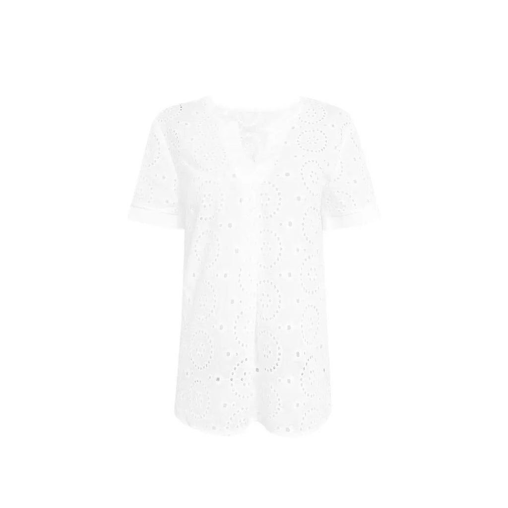 White women's V-neck T-shirt with hollow-out design detail on the front.