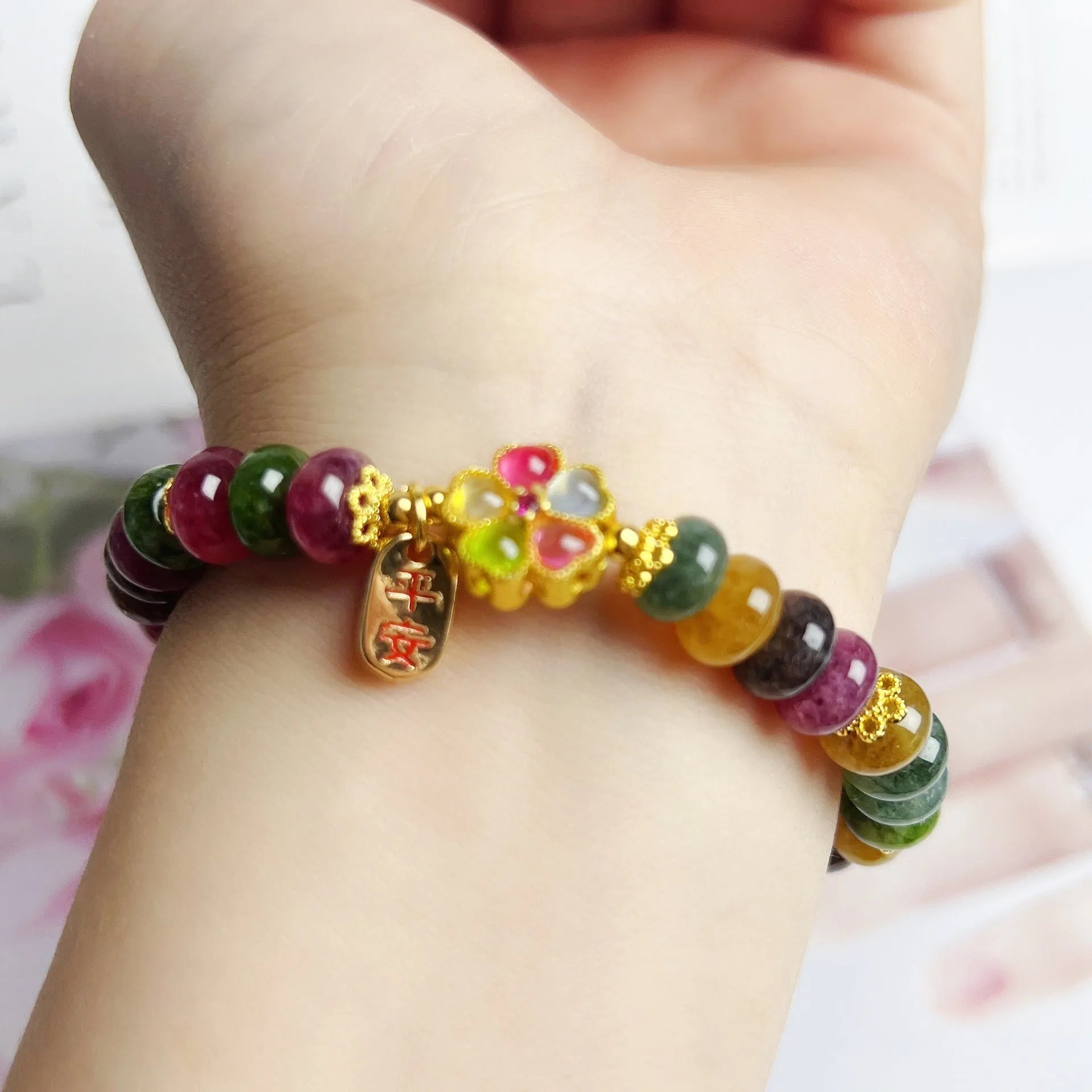 Colourful tourmaline abacus beads jade bracelet for women with artificial crystal beads and original design