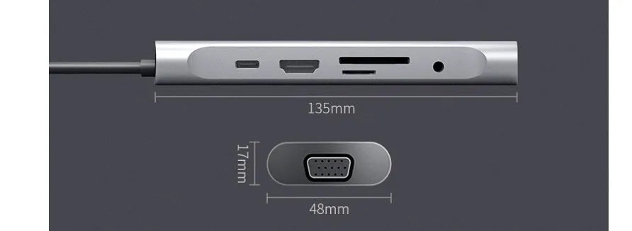 Grey aluminium USB-C docking station showing HDMI, VGA, USB 3.0, and card reader ports.