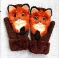 Cartoon animal fleece lined childrens knitted mittens 28cm total length one size
