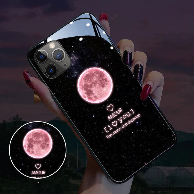 Voice-activated iPhone case with tempered glass back and colourful LED flash, showing cool lightning graphic design.