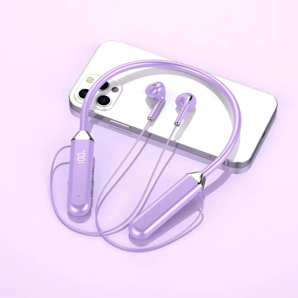 Neck hanging Bluetooth earphone in-ear sports headset with PC ABS build, digital display, and 10m range