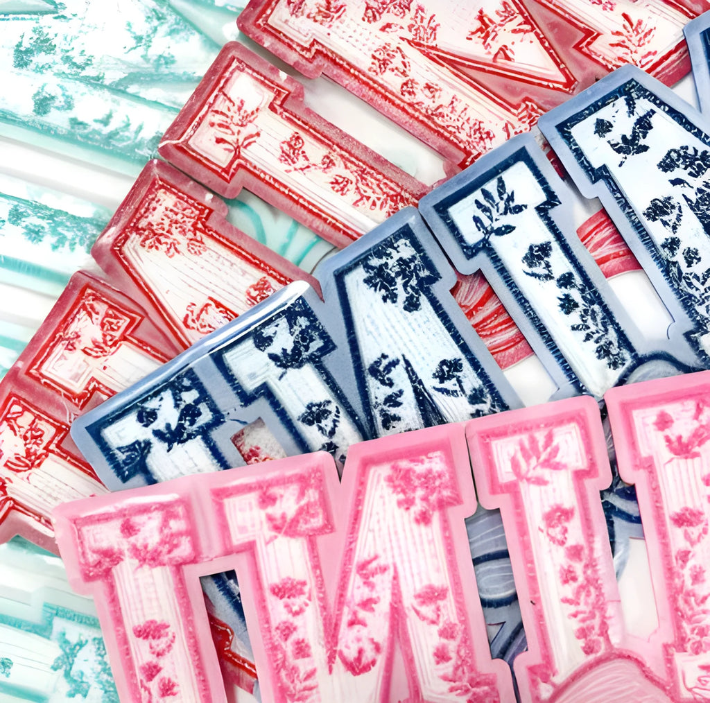 Chenille embroidered cloth sticker in green, blue, red, and pink, three sizes: 12.8cm, 18.5cm, 27.5cm