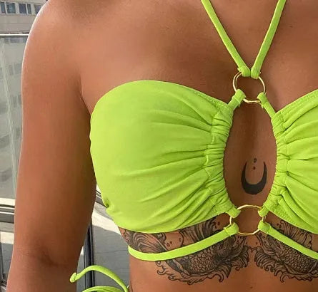 Yellow green women's lace-up triangle bikini swimsuit with bra and t-pants