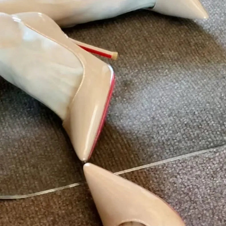 Women's patent leather stiletto pumps with hollow shallow mouth design in nude colour