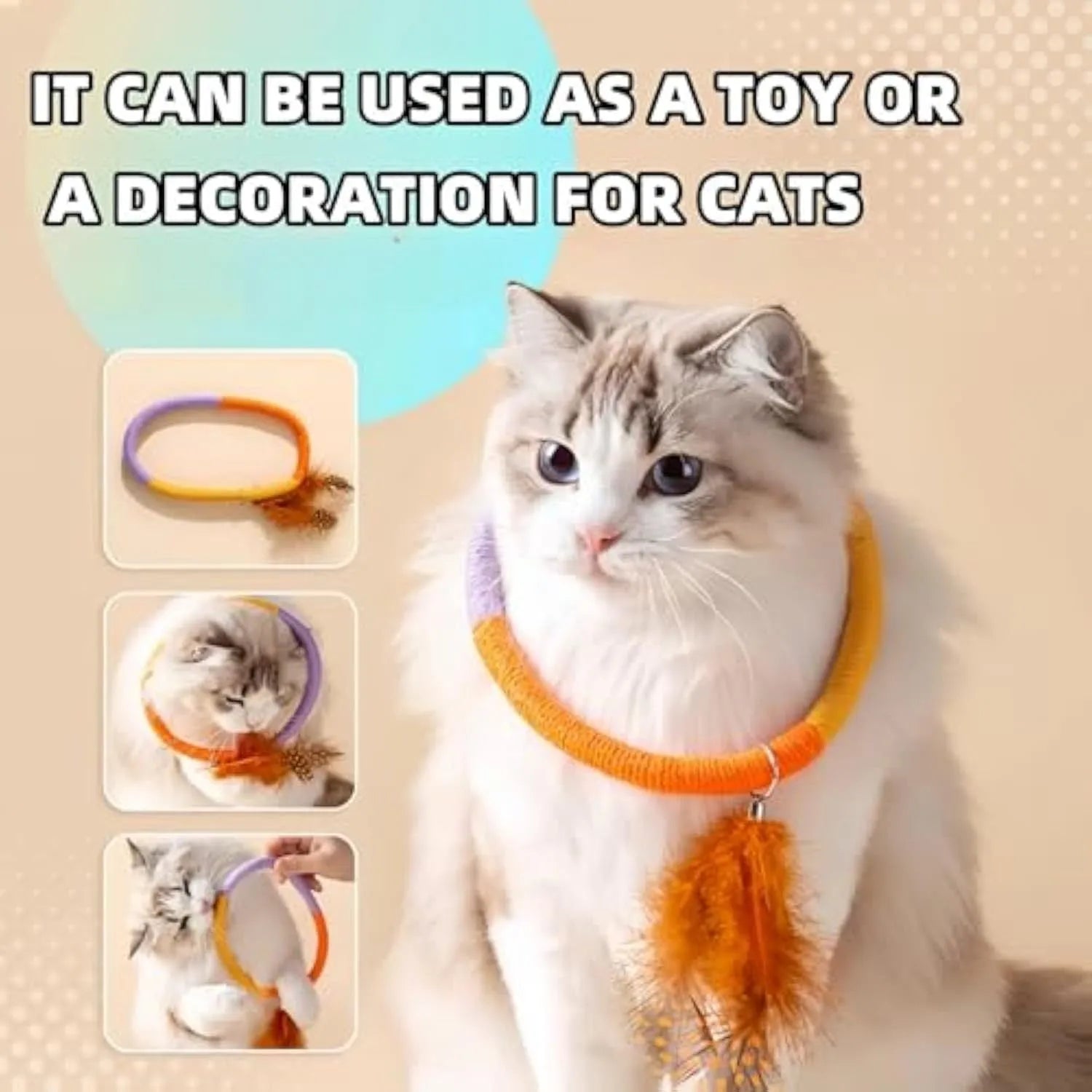 Green circular cotton rope cat toy with feathers and catnip for chewing and interactive play